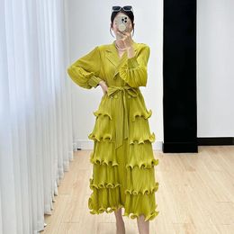 Casual Dresses Miyake Pleated Lapel Belt Dress Women 2024 Spring Original Designer Lantern Sleeve Cardigan Long Coats