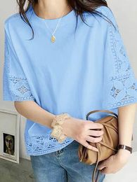 Women's Blouses Fashion Elegant Lace Blouse VONDA Women Bohemian Solid Colour Shirts Flare Sleeve Tops Casual O Neck Tunic Loose Blusas