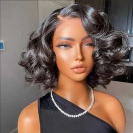 Synthetic Wigs Natural black soft short Bob 180Density deep curly Yaki lace front wig suitable for female baby hair heat-resistant pre filled gel free wig Q240523