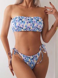 Women's Swimwear Sexy Pleate Bikini Set 2024 Women Bandeau Blue Tie Dye Floral Push Up Micro Swimsuit Beach Bathing Suit Side Thong