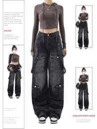 Women's Jeans Womens retro black Gothic cargo jeans Y2k wide leg denim pants oversized 2000s high waisted jeans Korean bagged mens 90s jeans Q240523