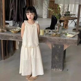 Clothing Sets 2024 Simple Fashion Childrens Summer Boys Girls Korean Hollowing Out Two Piece Flower Edge Collar Vest Wide Leg Pants