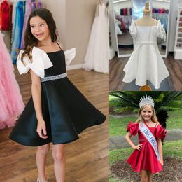 Black White Girl Pageant Dress Bow Pearl Red Satin Little Kid Birthday Cocktail Formal Party Gown Infant Toddler Teens Preteen Tiny Young Junior Miss Short Spaghetti