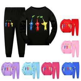 Pikmin 4 kostium dla dzieci kreskówki Pamie zestawy Baby Girls Long Rleeve Tshirt Pants 2pcs Set Boys Casaul Sleep Fail Ubranie dla dzieci L2405