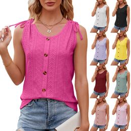 New Summer Solid Round Neck Button Drawstring Loose Tank Top For Women