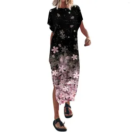 Casual Dresses Summer Women'S Party Elegant Flower Print Round Neck Long Dress 2024 Fashion Split Beach Resort