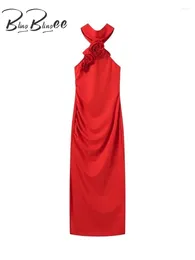 Casual Dresses BlingBlingee 3D Flowers Women Party Dress Summer Slim Sleeveless Backless Bow Halter Female Maxi Long Robes Y2K Red