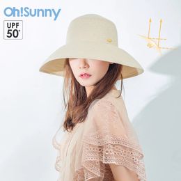 OhSunny Women Hepburn Style Straw Hats Folding Sun Protection UPF 50 Handmade Panama Beach Hat for Summer Outdoors 240514