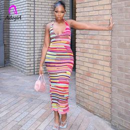 Casual Dresses Knitted Colourful Striped Maxi Dress Women 2024 Summer V Neck Lace Up Halter Backless Bodycon Long Club Party Robe Beach