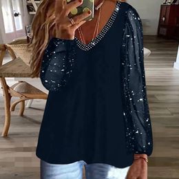 Women's T Shirts T-shirt Diamond V-necks T-shirts Sequin Tee-shirt Casual Tops Solid-Color Sparkly Comfort All-match Loose Camiseta