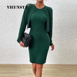 Work Dresses 2024 Retro Spring Lady O-Neck Party Skirt Suits High Street Women Fashion Slim Fit Cardigan Top And Vest Dress Two Piece Set