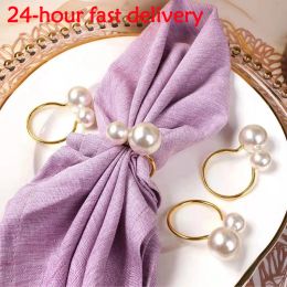 6 PC Elegant Pearls Napkin Rings Gold Christening Bangle Metal Napkin Holder Wedding Gift Bridal Shower Decor Party Supplie