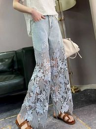 Women's Jeans (Select according to size chart) Hollow lace panel wide leg high waist blue jeans for womens summer straight leg pants Q240523