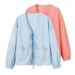 Women's Blouses 2 Colours Top Women Shirt 2024 Summer V-Neck Lace Up Loose Blouse Ladies Long Sleeve Shirts And With Love Decoration