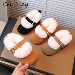 Flat shoes Artificial fur buckle childrens flat shoes fashionable thick plush baby shoes winter shoes warm hook loop velvet soft childrens casual shoes Q240523