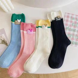 Women Socks 4 Pairs Lolita Cotton Sweet Fashion Comfort Long Tube Love Hearts Pattern Stripes Casual Girls Fast Send