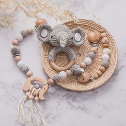 Baby Rattle Toys Wood Pram Clip Crochet Elephant Dummy Soother Chain Teething Bracelet Crib Mobile Stroller Gifts 240418 Avnwq