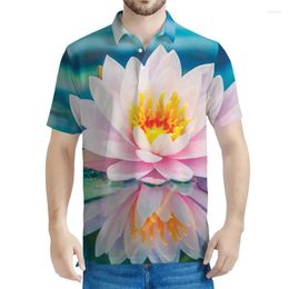 Men's Polos Floral Pattern Polo Shirts For Men 3D Printed Lotus Flower Tee Shirt Casual Button T-Shirt Summer Lapel Short Sleeves