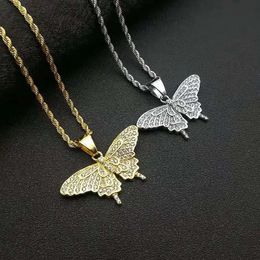 Luxury Iced Out Butterfly 14K Gold Pendant Necklace for Women Golden Butterfly Chains Bling Hip Hop Fashion Jewellery Christmas Gift