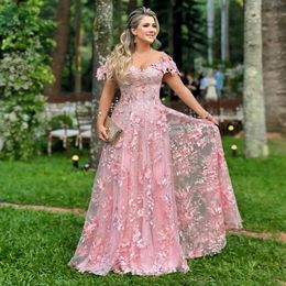 Pink Lace Prom Dresses 3D Appliqued Evening Gowns Off The Shoulder Neckline A Line Tulle Special Occasion Formal Wear