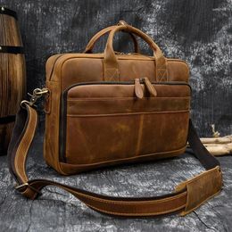 Briefcases Men Business Briefcase Crazy Horse Genuine Leather Shoulder Portfolio Laptop Bag Fashion Document Cow Office Handbag