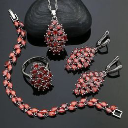 Sweet 925 Silver Bridal Jewellery Sets for Women Red Stone Cubic Zirconia Earrings/Pendant/Necklace/Ring/Bracelet 240524