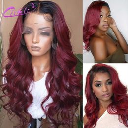 Synthetic Wigs 1B 99J/Burgundy lace front wig body wave Colour Brazilian female hair 13x4 deep red for sale 180 Q240523
