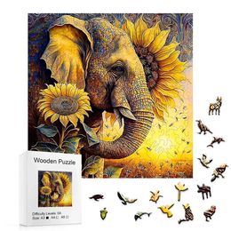 Puzzles Sunflower Elephant Wooden Puzzle Creative Funny Christmas Halloween Gift for Family Friends Handmade Ornament Baby Toys Y240524