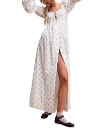 Casual Dresses Women's Long Puff Sleeve Sweetheart Neckline Empire Waist High Split Dress Cross Tie-up Front Floral Print A-Line