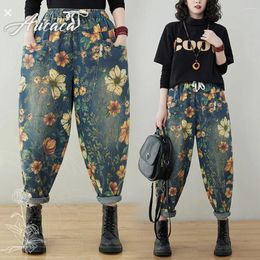 Women's Jeans Aricaca Women Vintage Cotton Denim Pants Harem Trousers Fashion Elastic Waist Print Floral Design Loose