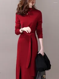 Casual Dresses Solid Elegant Knitted Office Lady Long Sleeve Winter Korean Fashion Black Dress Autumn White Kawaii Womens Clothing