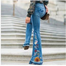 Women's Jeans Retro Washed Slim Flared Trendy Embroidered Mid Waist Ladies Denim Trousers Streetwear Fashion Casual Wide Leg Pants Women