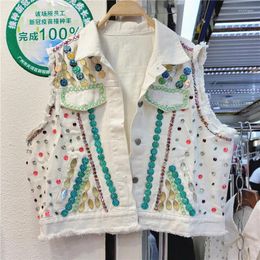 Women's Vests Heavy Work Beading White Pink Denim Vest Women Loose Short Cowboy Waistcoat Spring Korean Frayed Sleeveless Jeans Jacket