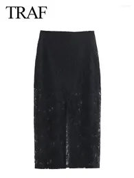 Skirts 2024 Woman Skirt Black High Waist Lace Hollow Out Women's Lining Zipper Slit Hem Vintage Female Midi Street