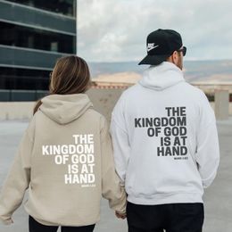 Men's Hoodies Trendy Couple Slogan Letter THE KINGDOM OF GOD IS AT HAND Men Women Pullover Fleece White Casual Hooded Sweatshirts
