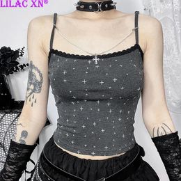 Women's Tanks Y2K Goth Cross Print Chain Corset Crop Top Sexy Lace Trim Sleeveless Backless Camisole Basic Tank Tops Women Summer Camis