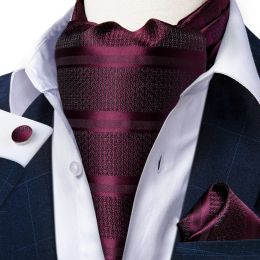 Classic Burgundy Red Ascot Ties Silk Striped Woven Scarf Cravat Tie Pocket Square Cufflinks for Men Wedding Necktie Ring Set