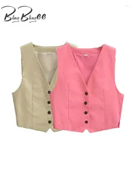 Women's Vests BlingBlingee 2024 Summer Faux Linen Women Waistcoat Y2K Sleeveless V Neck Slim Blazer Vest Female Crop Top Tanks OL