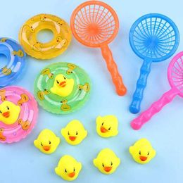 Baby Bath Toys Childrens floating bathtub toys mini swimming rings rubber yellow duck fish net cleaning swimming childrens toys water funS241