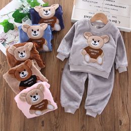 Boys Girls Clothes Pamas Set Cartoon Bear Pullover Pants 2Pcs Children Flannel Fleece Warm Sleepwear Suit Autumn Winter 1-6Y L2405