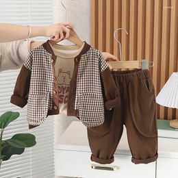 Clothing Sets Baby Tracksuit Set 2024 Spring Korean Style Plaid Single Breasted Coats T-shirts Casual Pants Children Clothes Boys Suit