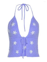 Women's Tanks Womens Crochet Crop Top Tie Front Halter Neck Deep V Sleeveless Backless Floral Pattern Beach Party Wear