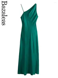 Casual Dresses Bazaleas Store Sexy Night Club Party Dress Green Satin Asymmetric Long For Women 2024 Official