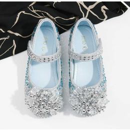 Flat shoes Girl Princess Fashion Leather Shoes Brand New Childrens Shining Crystal Shoes Little Girl Rhinestone Dress Shoes Blue Silver Q240523
