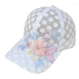 Ball Caps 1PCS Elegant Lace-Trimmed Breathable Baseball Cap With Flower Embroidcery & Faux Pearls - Adjustable For Every Woman