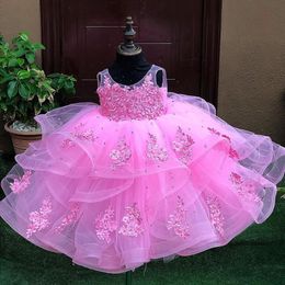 Luxurious Pink Lace Flower Girl Dresses Sheer Neck Crystals Little Girl Wedding Dresses Cheap Communion Pageant Dresses Gowns F3191 286Q