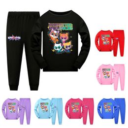 Superkitties Clothes Kids Long Sleeve Pama Sets Baby Girls Cute Super Cats Pijamas Children Casual T-Shirt Tops Pants 2pcs Set L2405