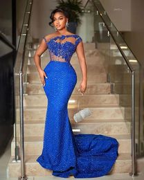 Glitter Beaded Royal Blue Mermaid Evening Dresses Sequins African Formal Party Gowns Capped Sleeves illusion Neck Sexy Prom Dress For Women 2024