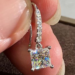 Dangle Earrings Custom Solid 18K White Gold Women Drop Clip Hook Moissanite Diamonds Princess Square Wedding Engagement Anniversary