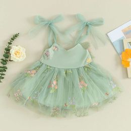 0-4Y Toddler Baby Girls Princess Dress 3 Colours Sleeveless Floral Embroidery Bowknot Tulle Mesh Sundress